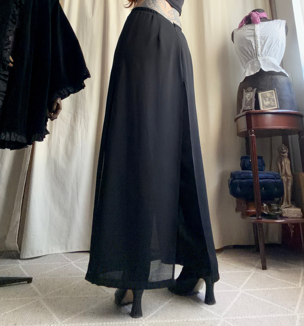 Pantalon noir jambes extra larges avec voile fluide style avant garde goth - taille S/M