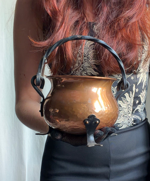 Vintage hammered copper and wrought iron cauldron, medieval witchcore style