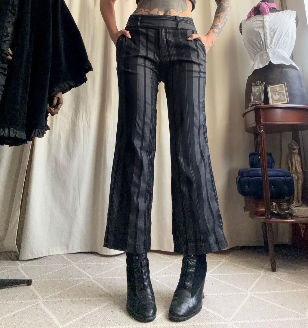 Black and gray pinstriped flare trousers, corporate goth office siren style - size M