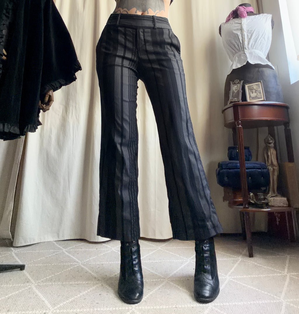 Black and gray pinstriped flare trousers, corporate goth office siren style - size M
