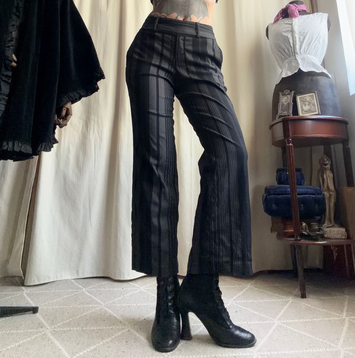 Black and gray pinstriped flare trousers, corporate goth office siren style - size M