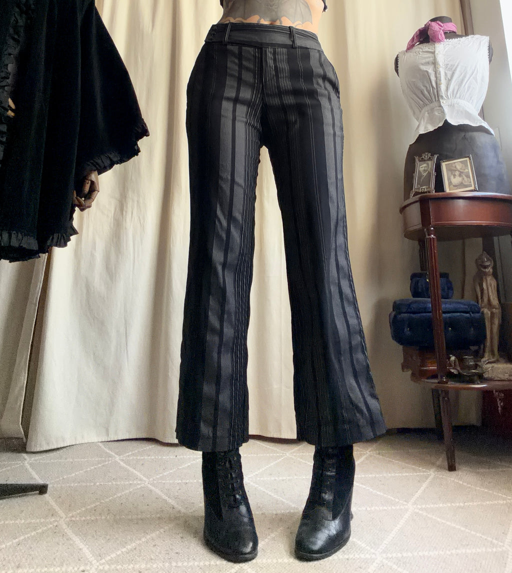 Black and gray pinstriped flare trousers, corporate goth office siren style - size M