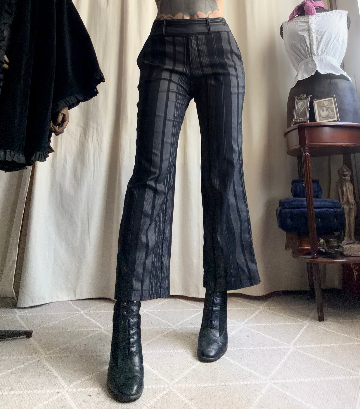 Black and gray pinstriped flare trousers, corporate goth office siren style - size M