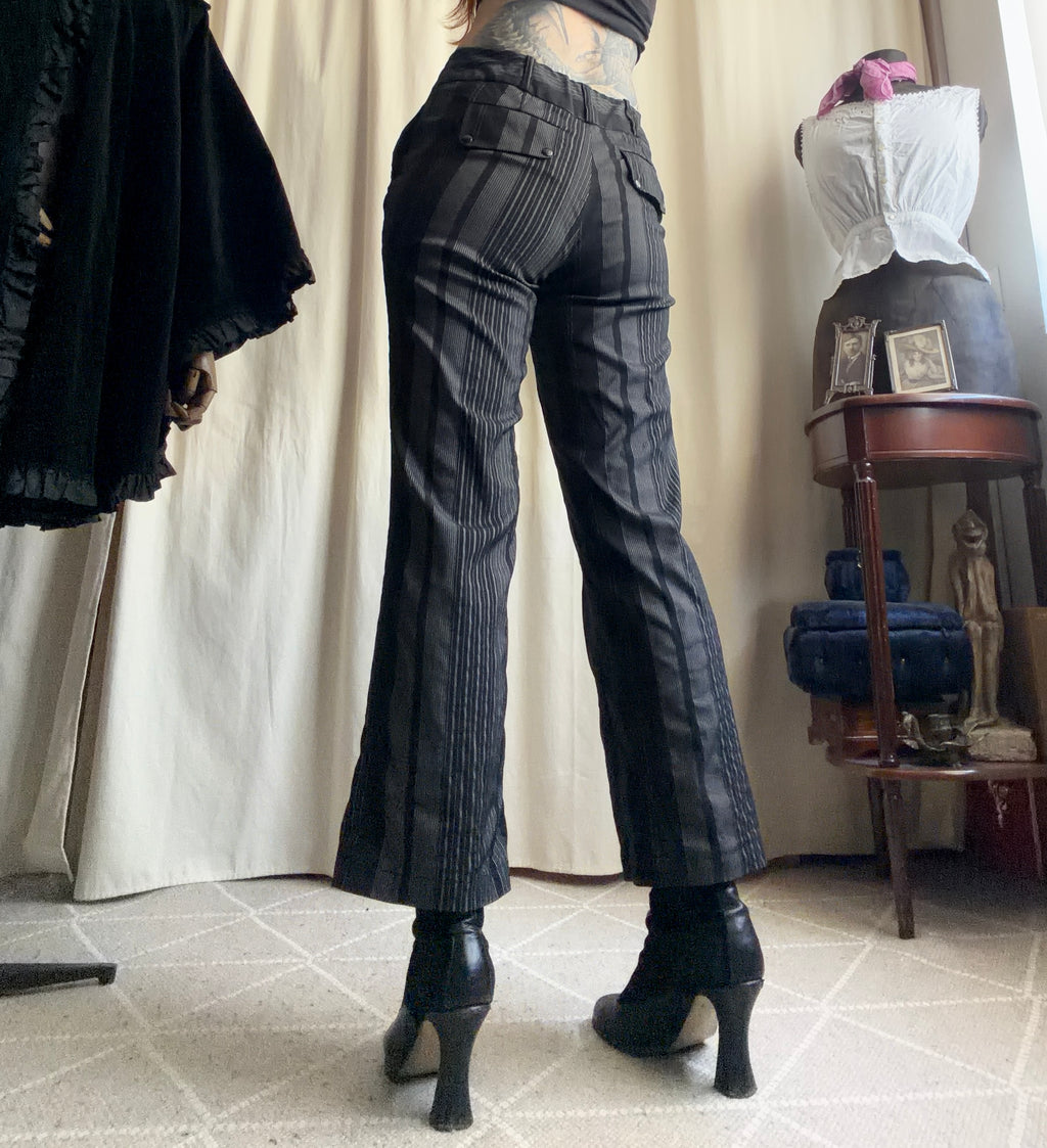 Black and gray pinstriped flare trousers, corporate goth office siren style - size M