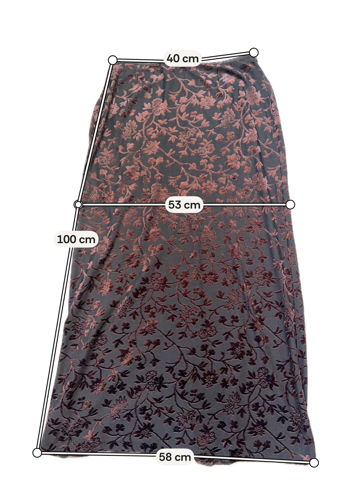 Jupe longue noire avec fleurs marron en velours dévoré – taille M