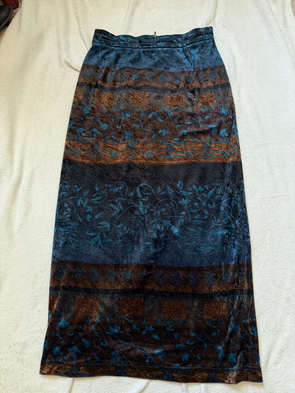 Jupe maxi velours à motifs paisley bleu nuit et marron – taille S
