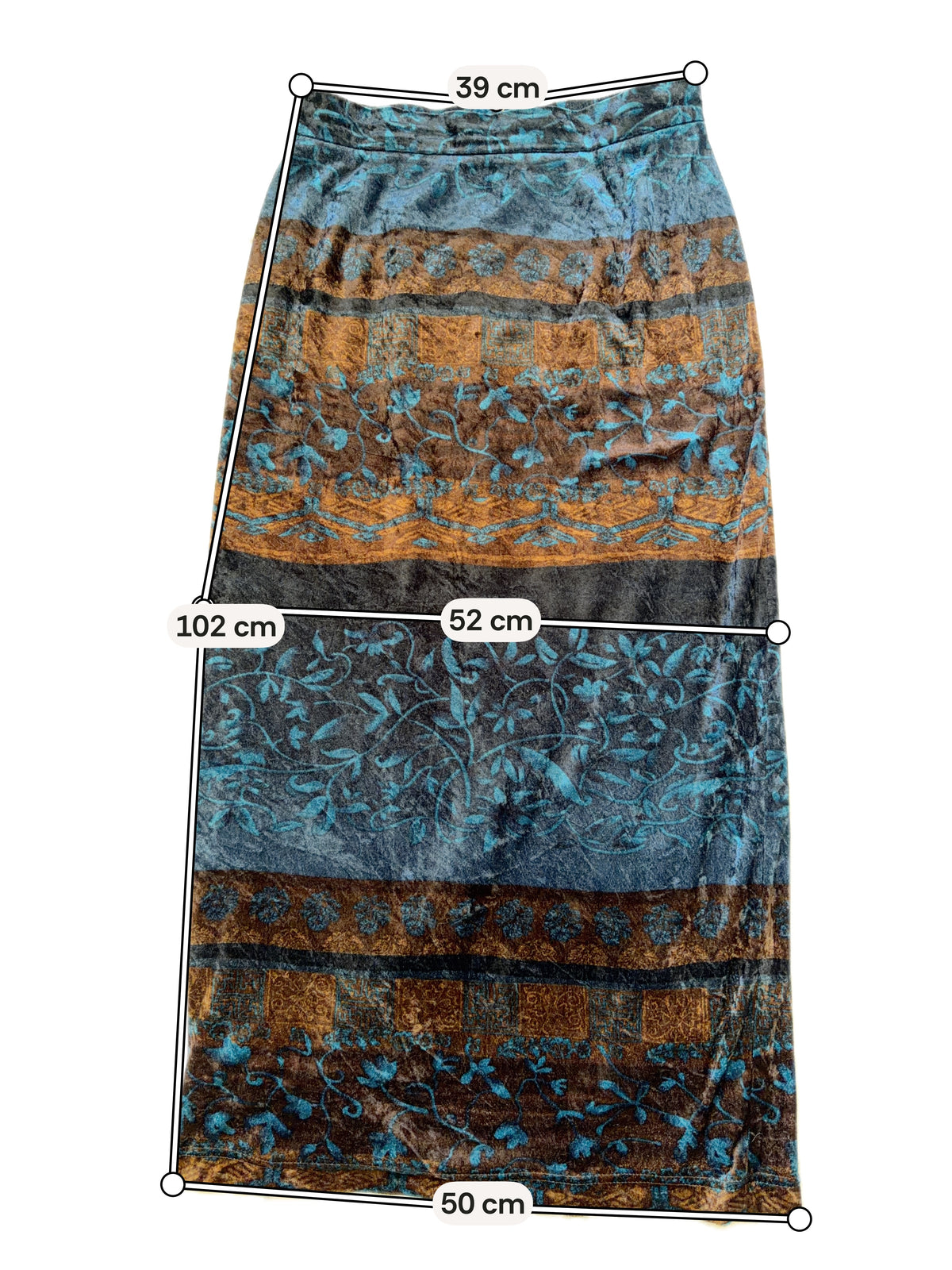 Jupe maxi velours à motifs paisley bleu nuit et marron – taille S