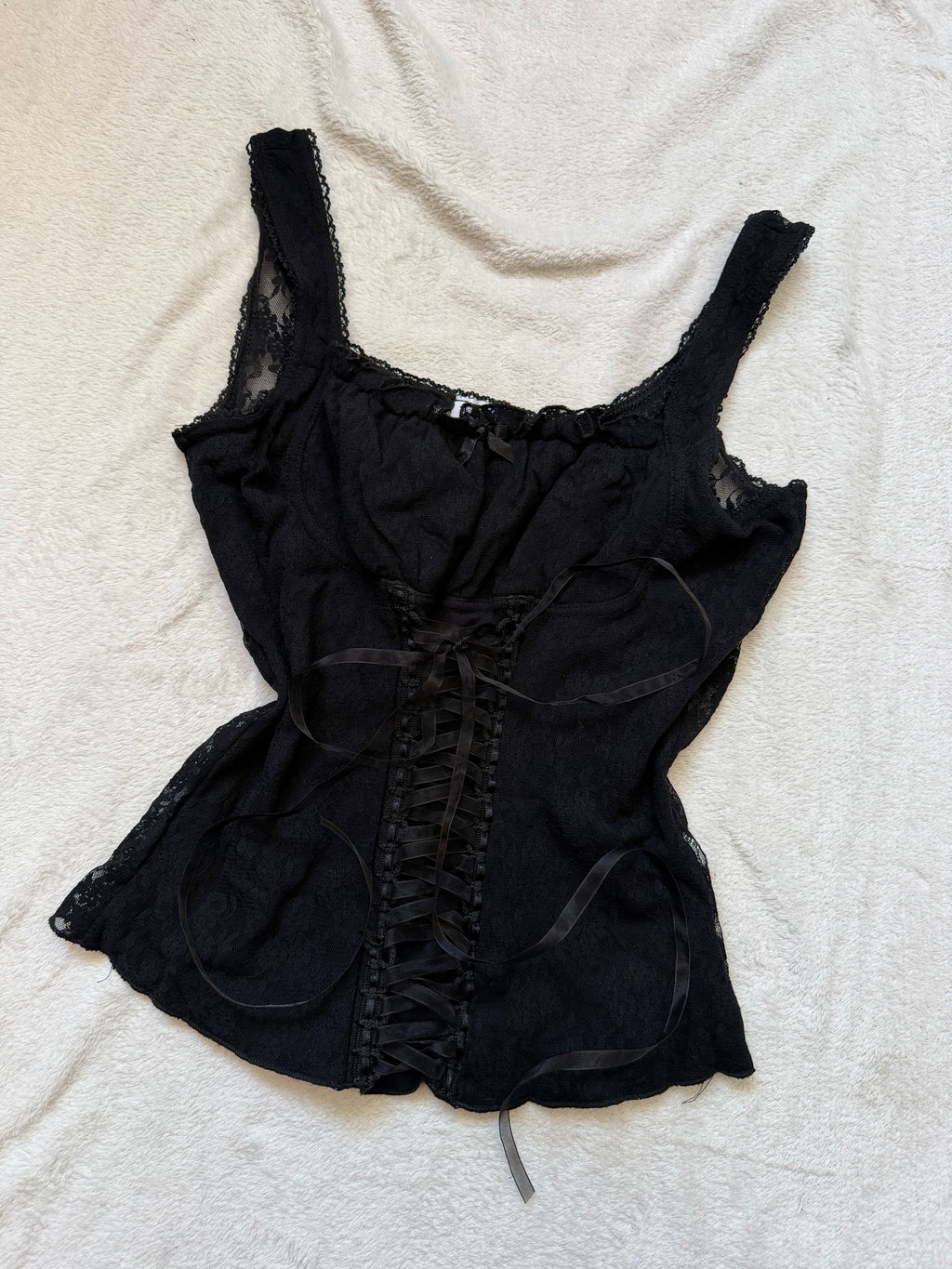 Vampy Goth Black Lace-Up Ribbon Corset Top – Size S/M