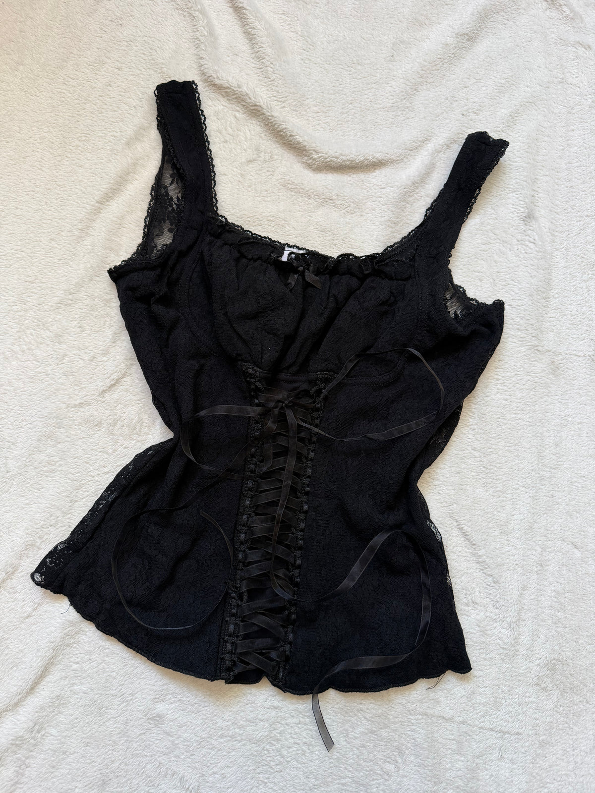 Vampy Goth Black Lace-Up Ribbon Corset Top – Size S/M