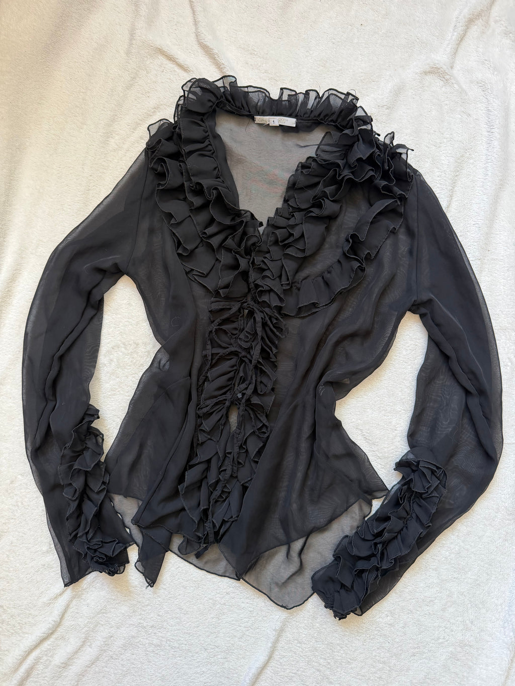 Blouse noire transparente à volants style vampy goth 90s – taille M/L