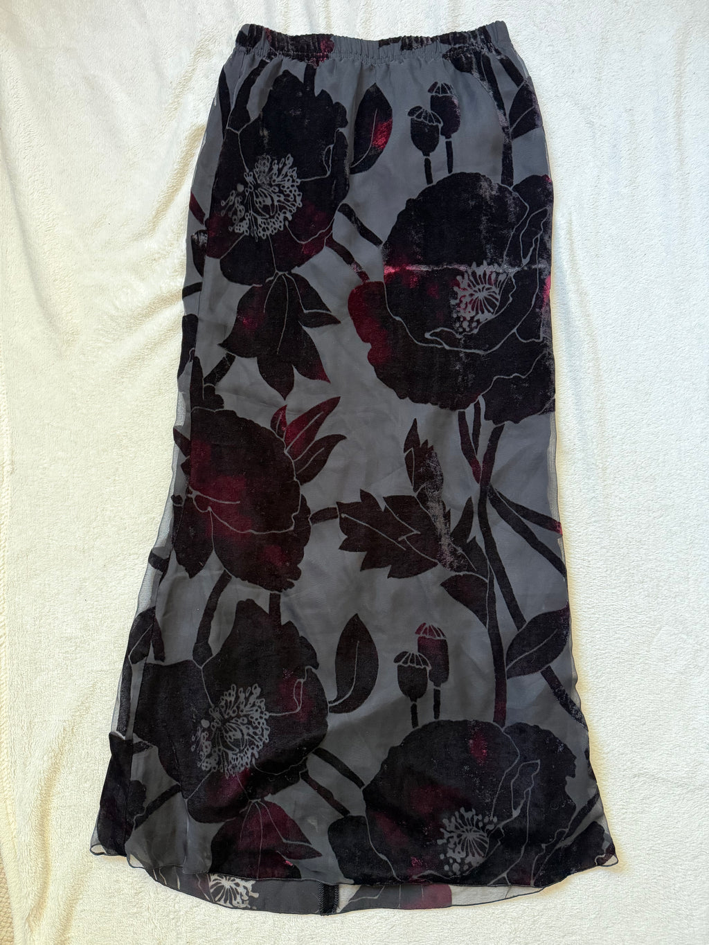 Jupe longue en velours dévoré noir à motifs floraux style whimsigoth romantic goth - taille S