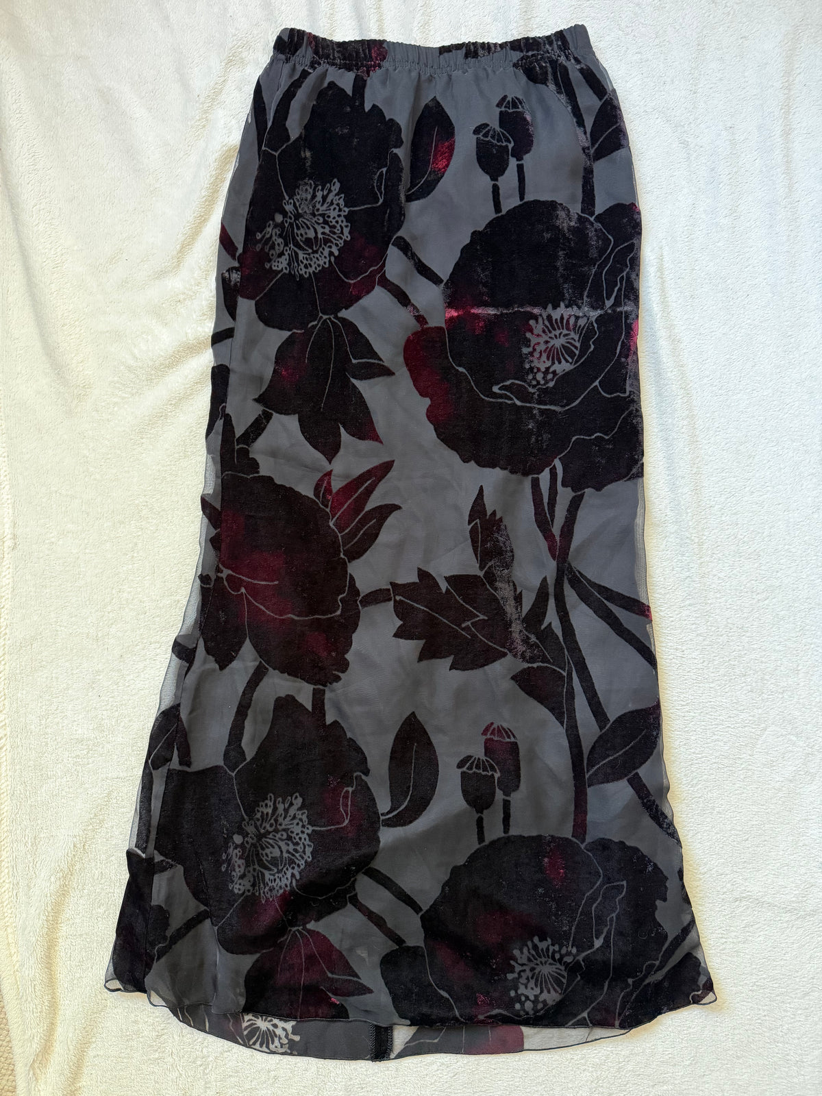 Jupe longue en velours dévoré noir à motifs floraux style whimsigoth romantic goth - taille S