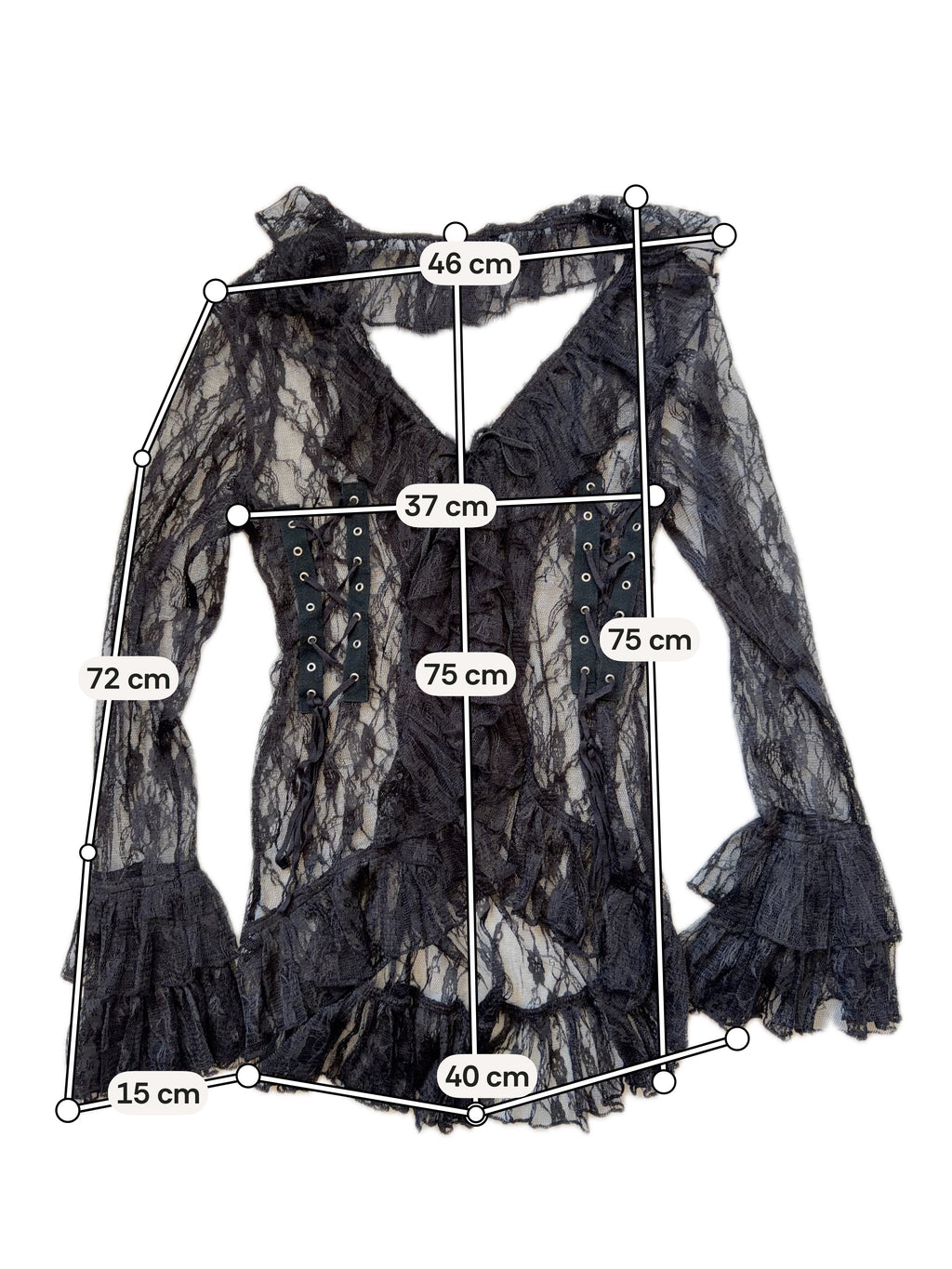 Black lace top ruffles and lacing vampy pirate gothic style - size L/XL