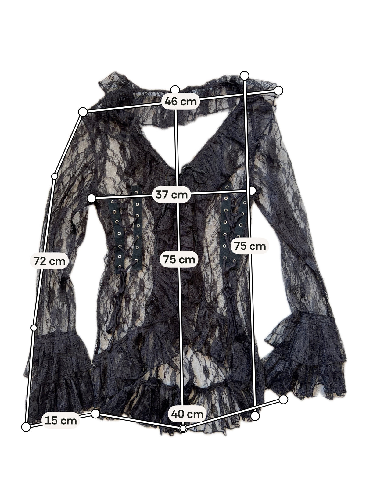 Black lace top ruffles and lacing vampy pirate gothic style - size L/XL