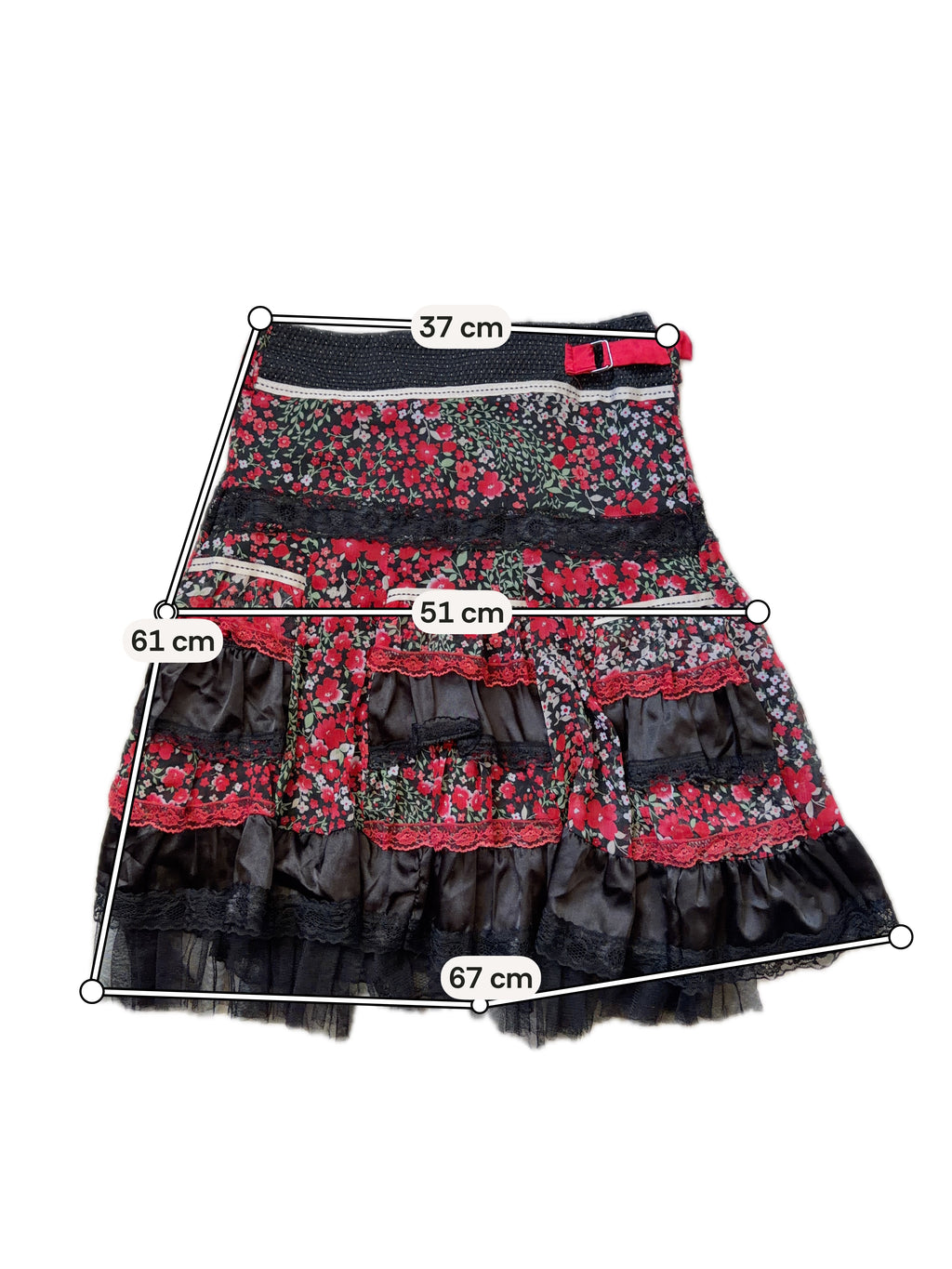 Jupe noire fleurie à volants et nœuds rouges - taille S/M