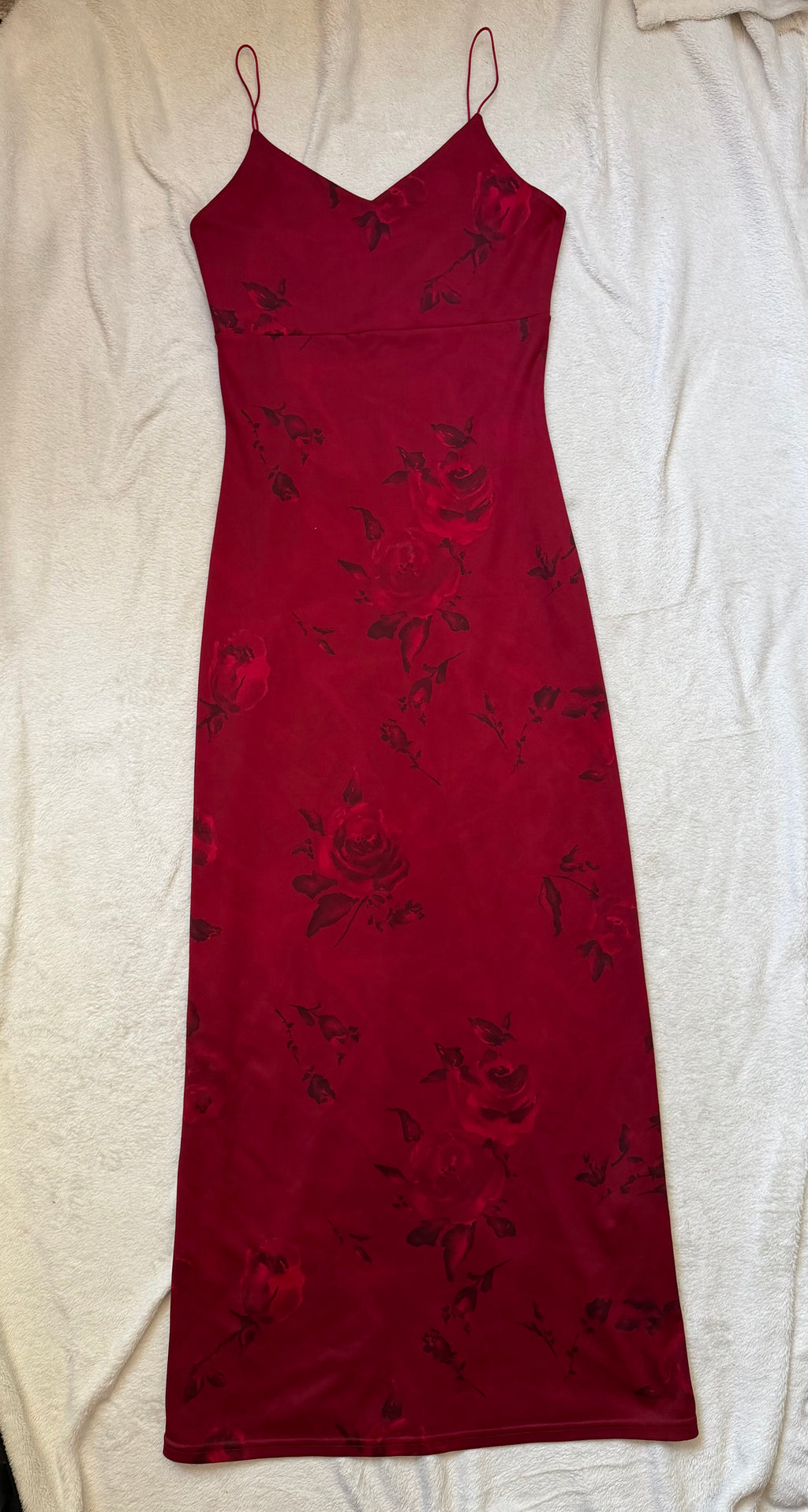 Red long dress with black rose patterns in whimsigoth style – size S