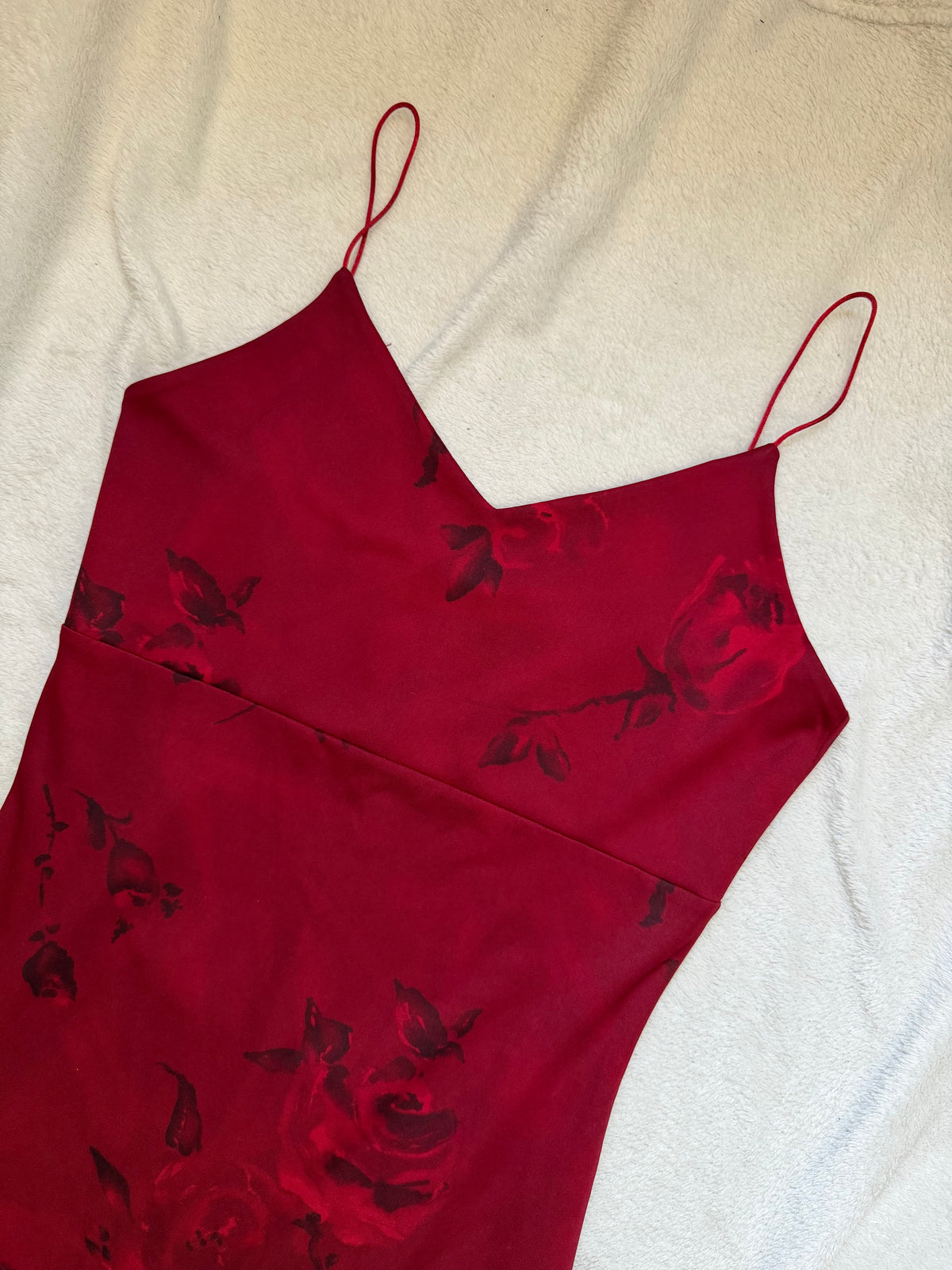 Red long dress with black rose patterns in whimsigoth style – size S