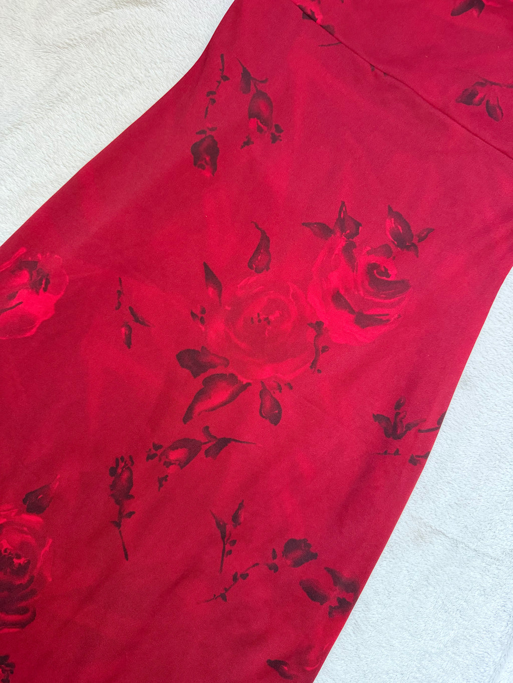 Red long dress with black rose patterns in whimsigoth style – size S