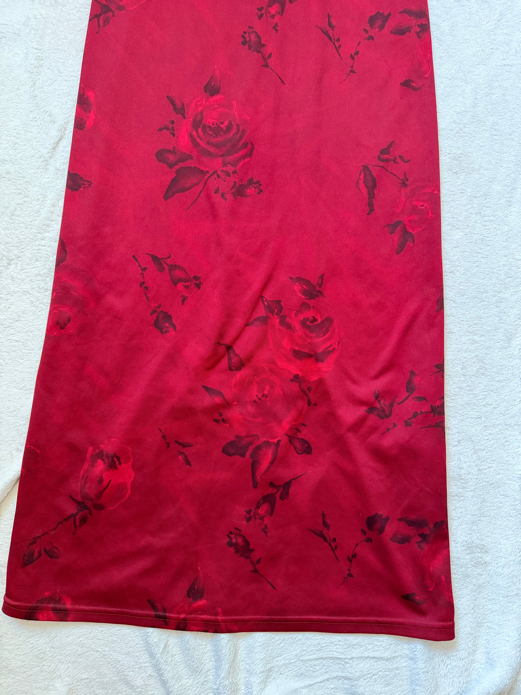 Red long dress with black rose patterns in whimsigoth style – size S