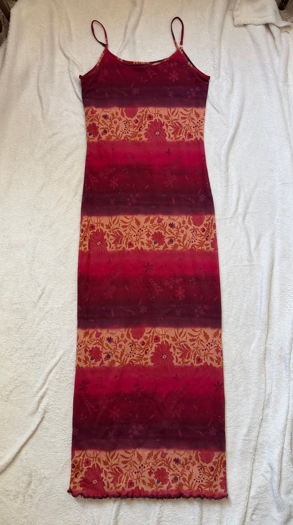 Robe longue orange/bordeaux avec imprimé floral – taille S/M