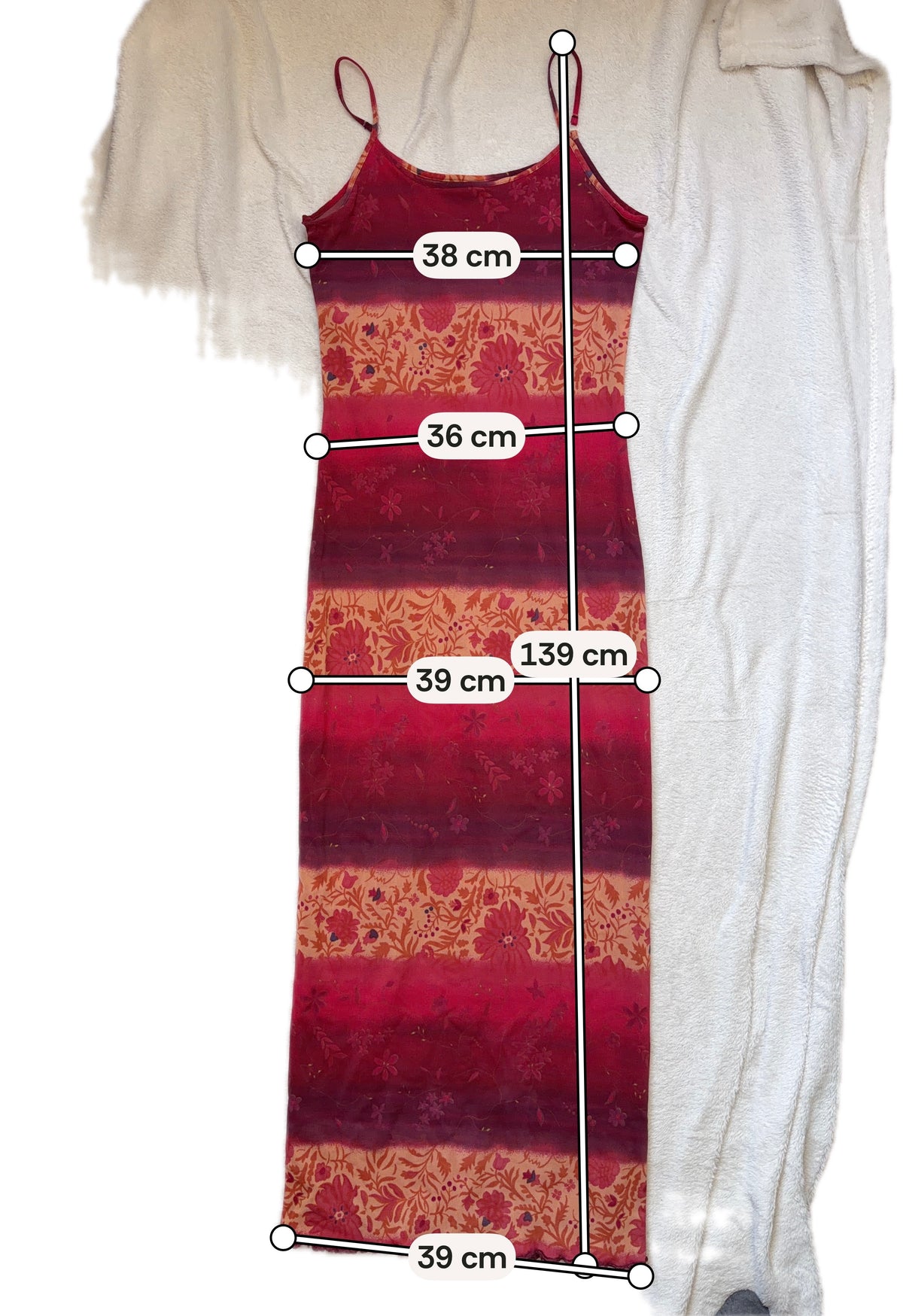 Robe longue orange/bordeaux avec imprimé floral – taille S/M