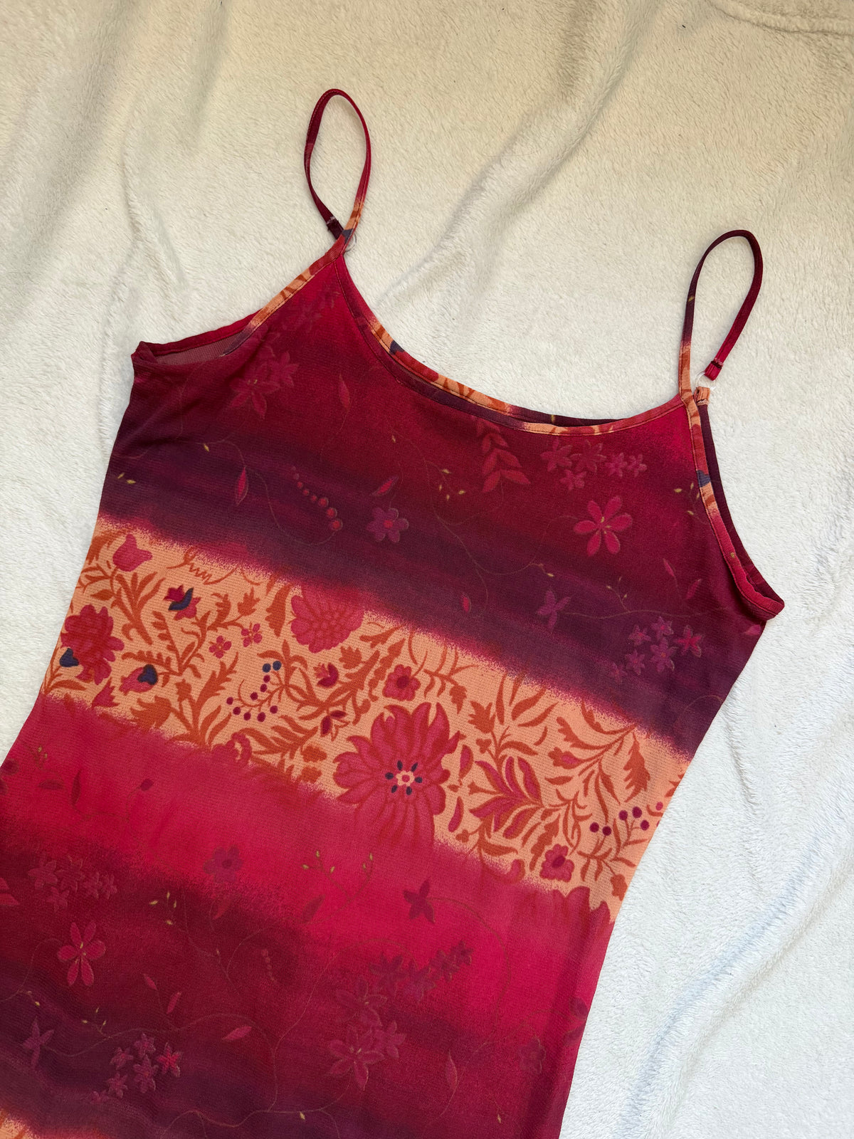 Robe longue orange/bordeaux avec imprimé floral – taille S/M