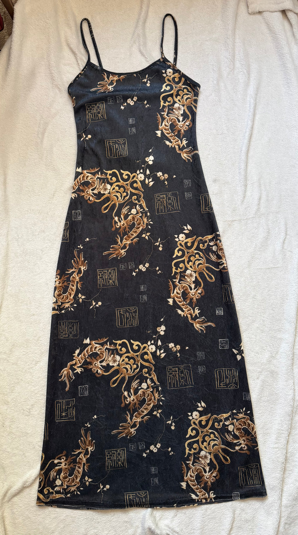 Long grey velvet dress with golden Asian dragon pattern – size XS/S