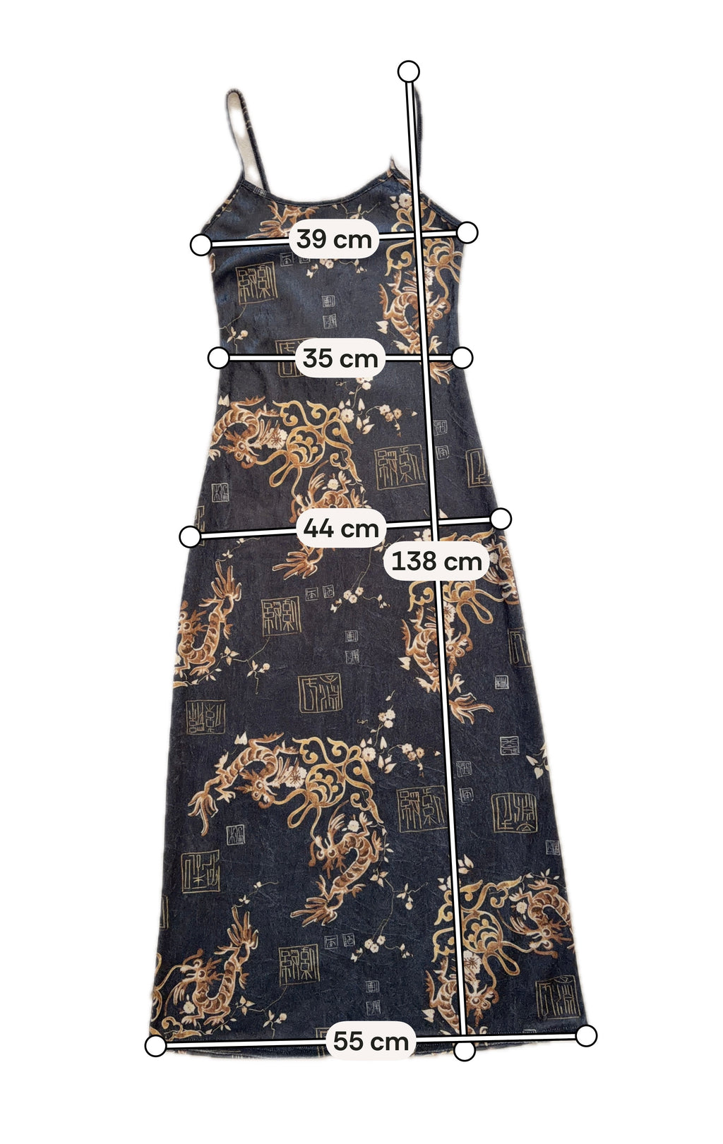 Long grey velvet dress with golden Asian dragon pattern – size XS/S