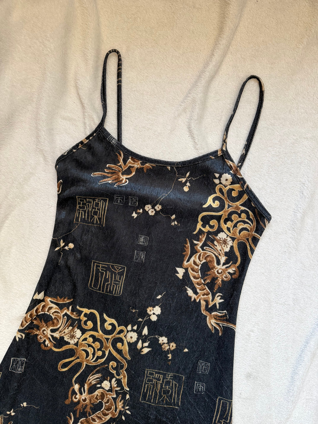 Long grey velvet dress with golden Asian dragon pattern – size XS/S