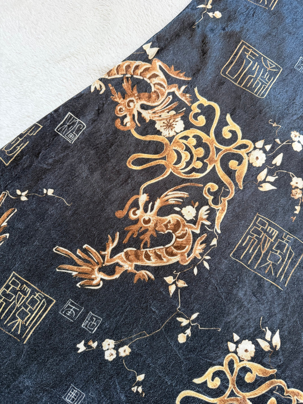 Long grey velvet dress with golden Asian dragon pattern – size XS/S