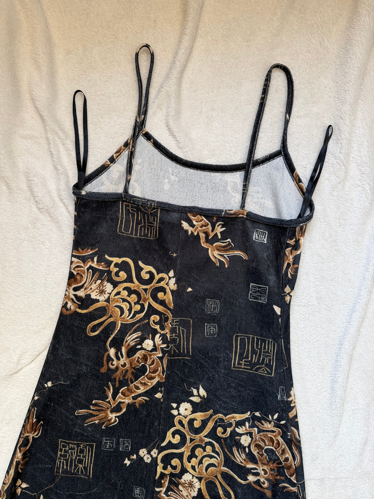 Long grey velvet dress with golden Asian dragon pattern – size XS/S