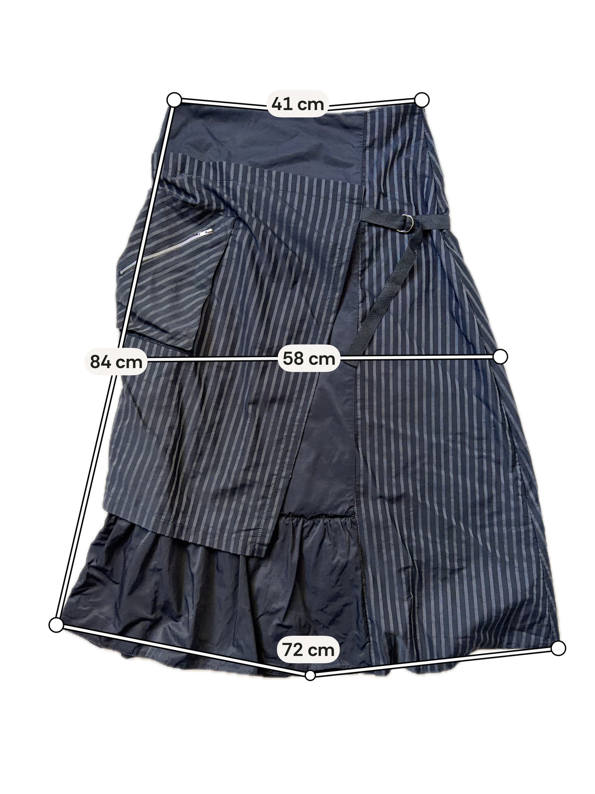 Jupe noire portefeuille rayée à anneaux métalliques style avant garde goth - taille M/L
