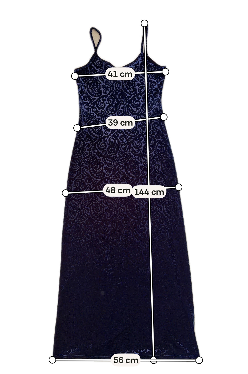 Midnight blue devoré velvet long dress with arabesque patterns – size M/L