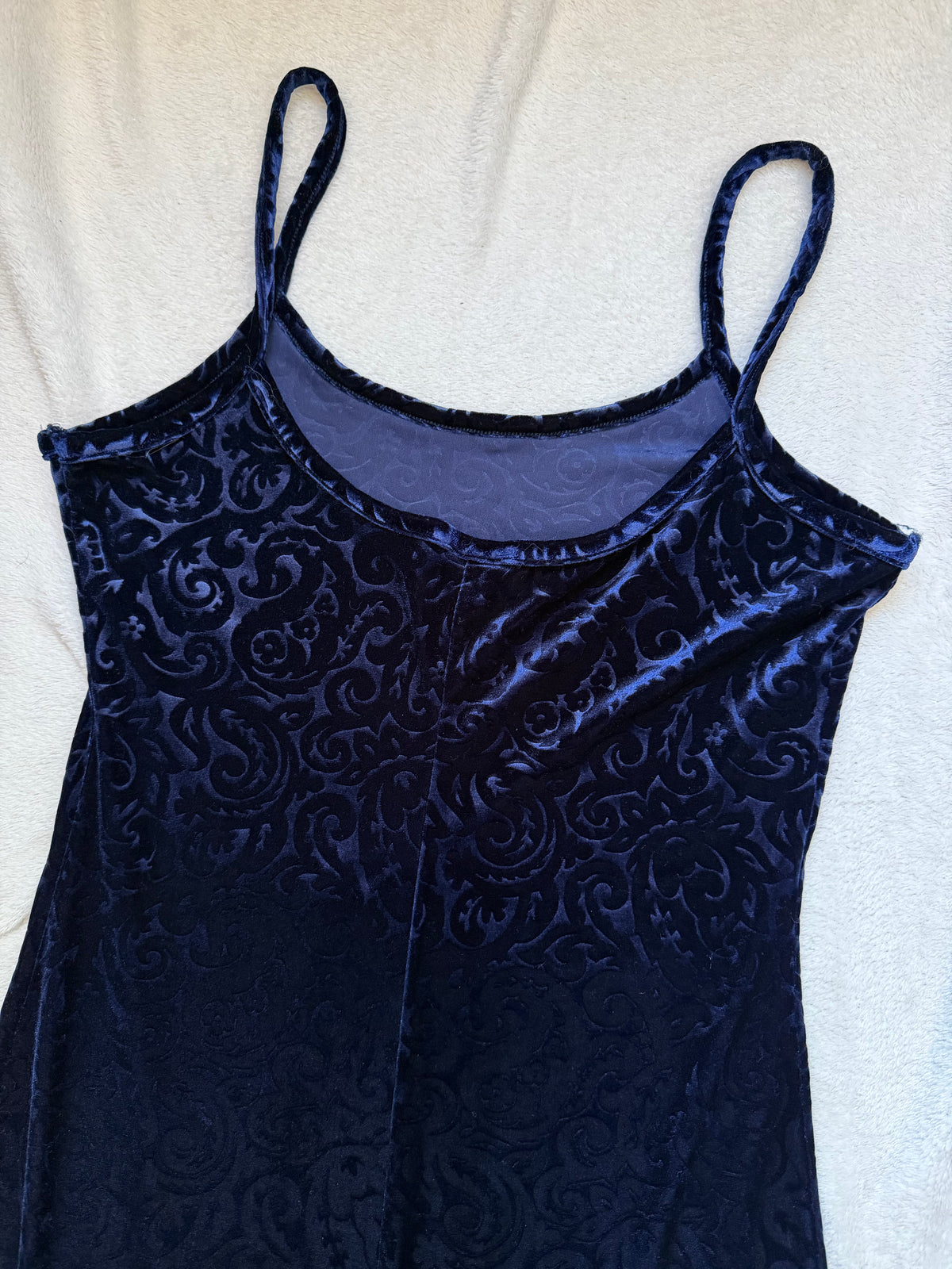 Midnight blue devoré velvet long dress with arabesque patterns – size M/L