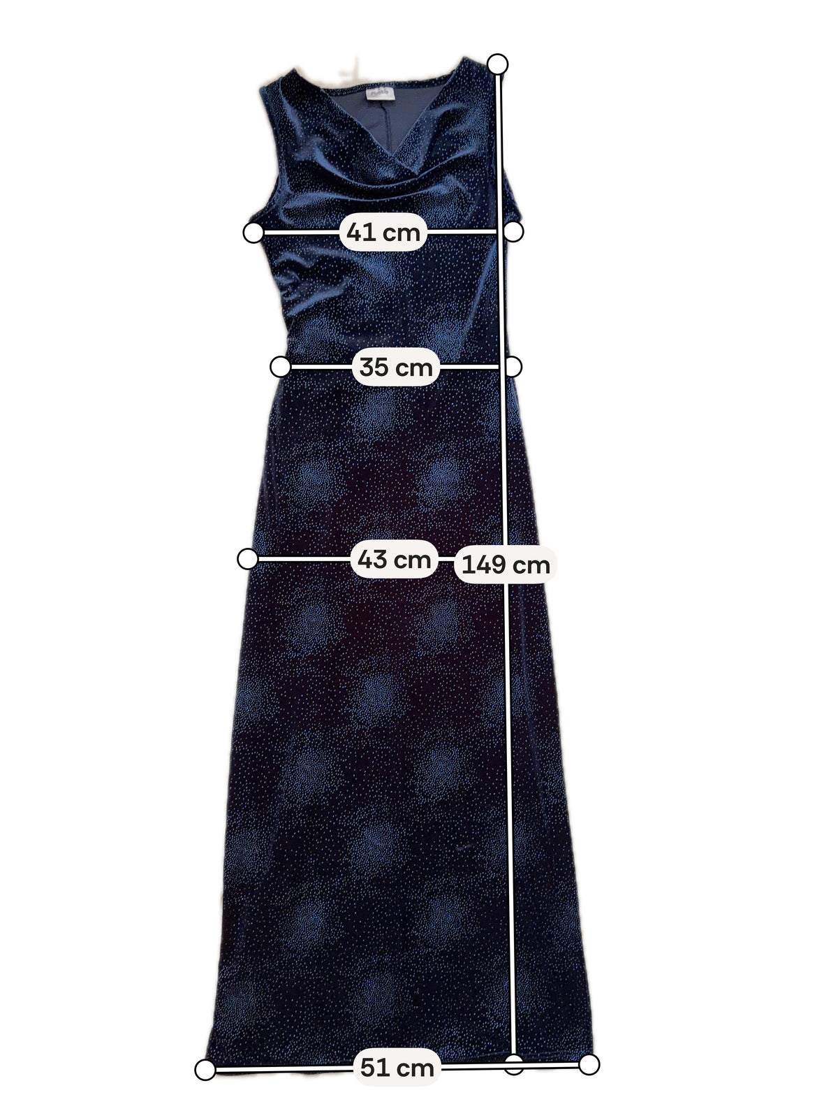 Robe longue bleu nuit velours pailleté avec col drapé – taille M/L