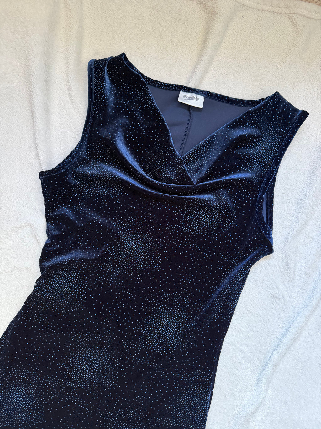 Robe longue bleu nuit velours pailleté avec col drapé – taille M/L