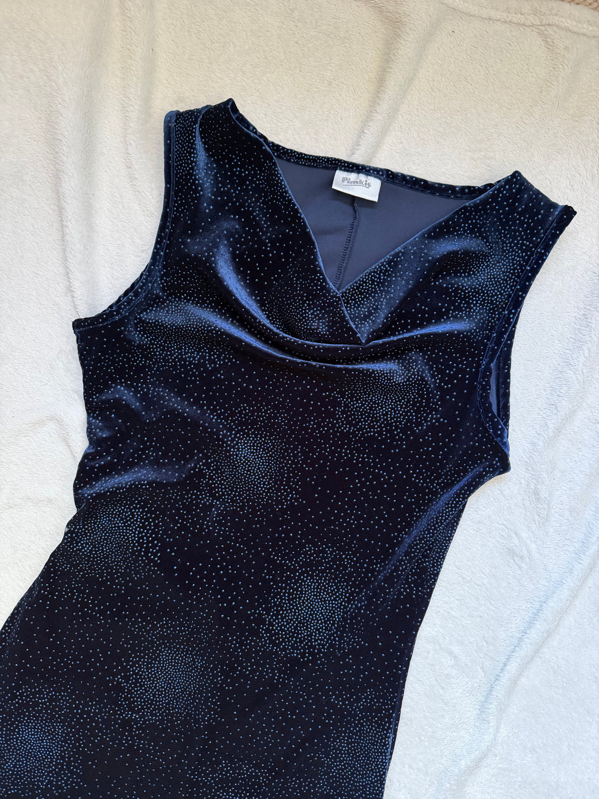 Robe longue bleu nuit velours pailleté avec col drapé – taille M/L