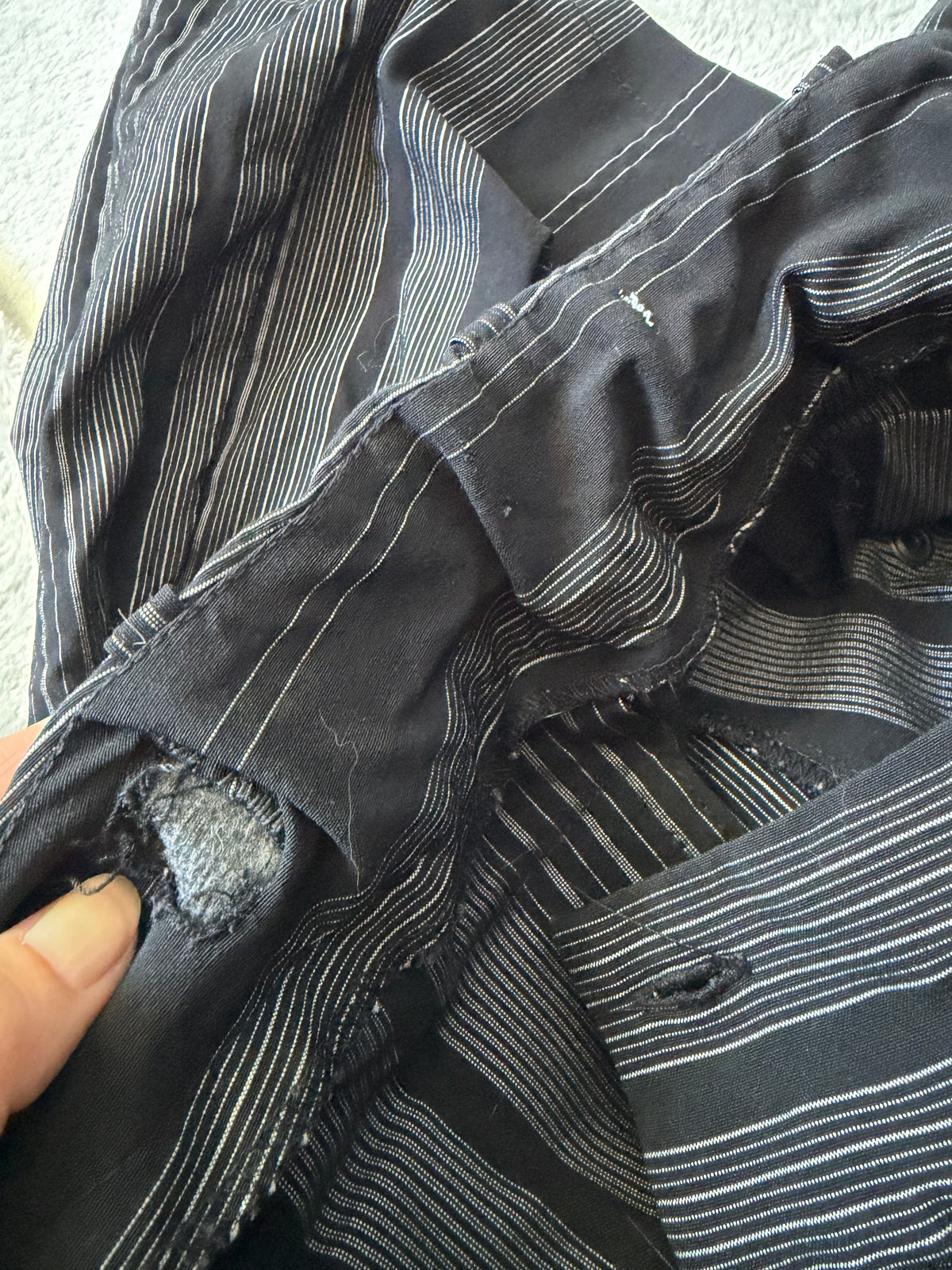 Black and gray pinstriped flare trousers, corporate goth office siren style - size M