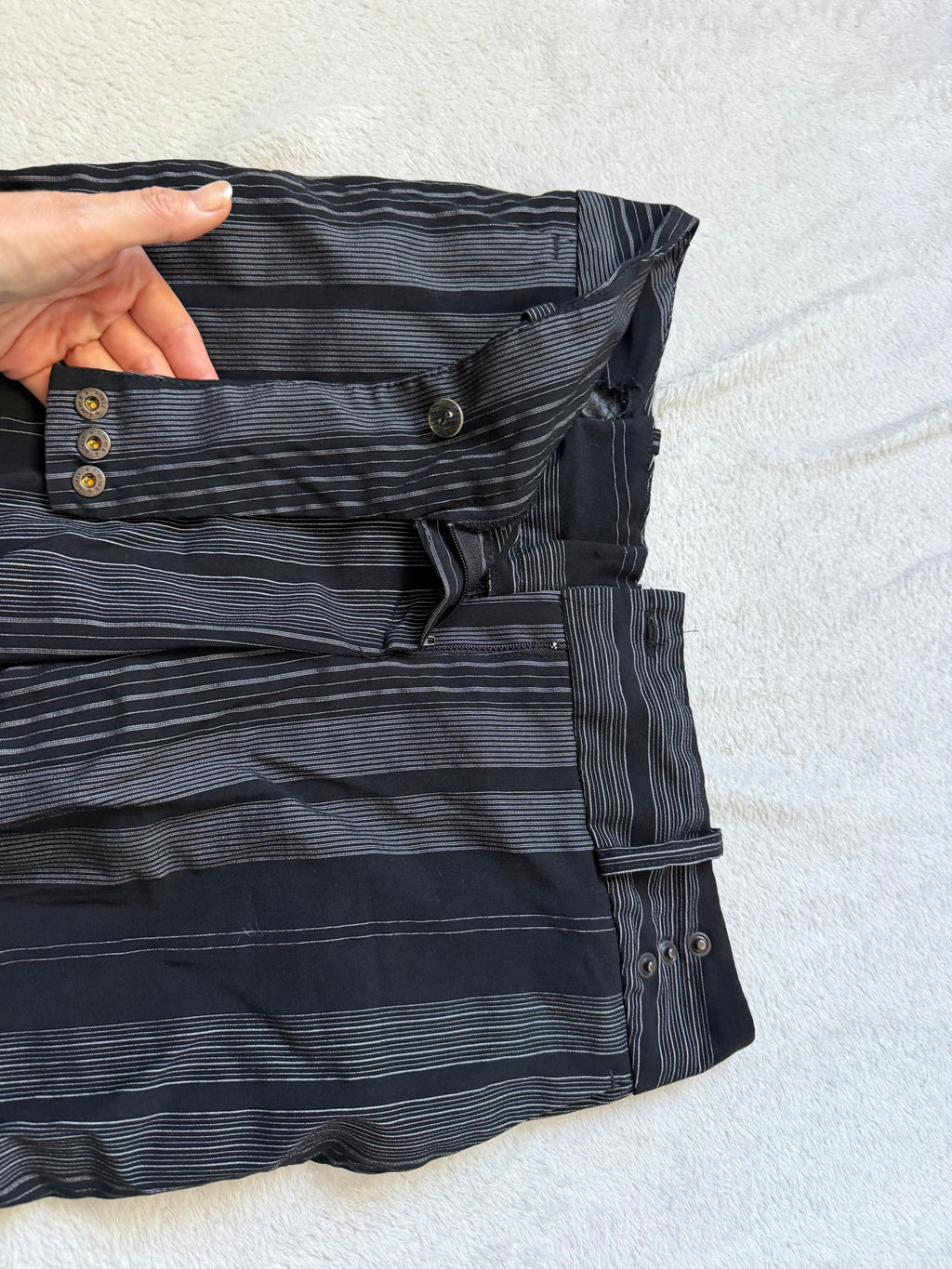 Black and gray pinstriped flare trousers, corporate goth office siren style - size M
