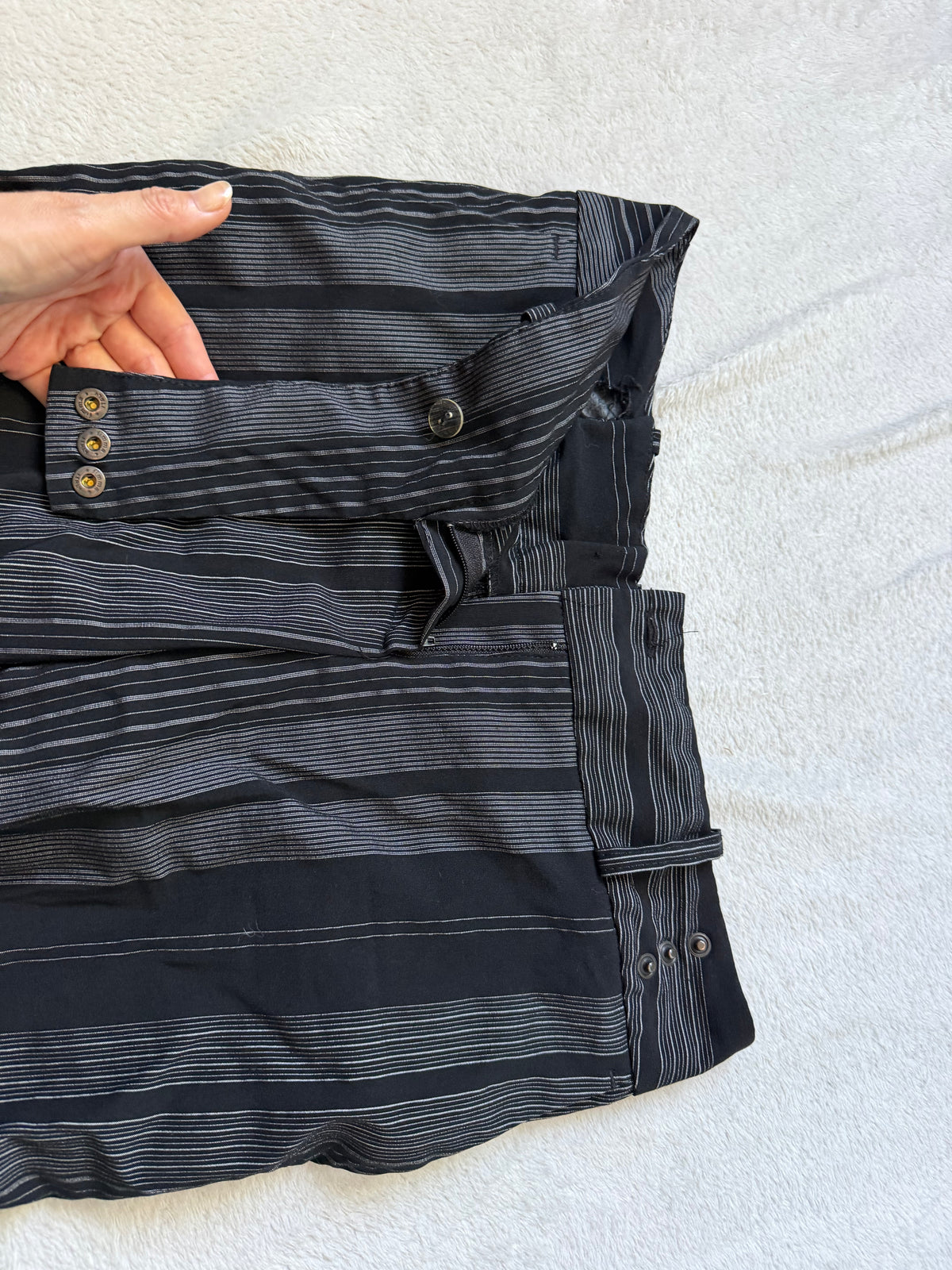 Black and gray pinstriped flare trousers, corporate goth office siren style - size M