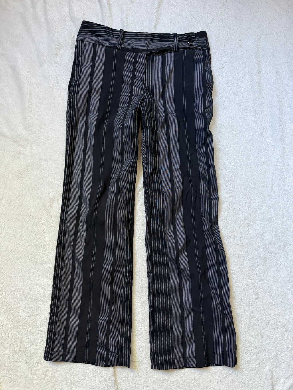 Black and gray pinstriped flare trousers, corporate goth office siren style - size M