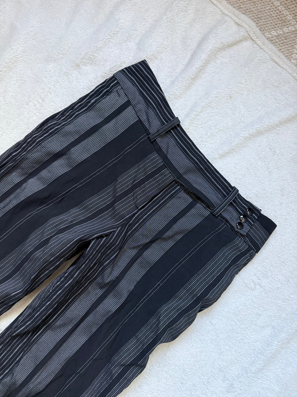 Black and gray pinstriped flare trousers, corporate goth office siren style - size M