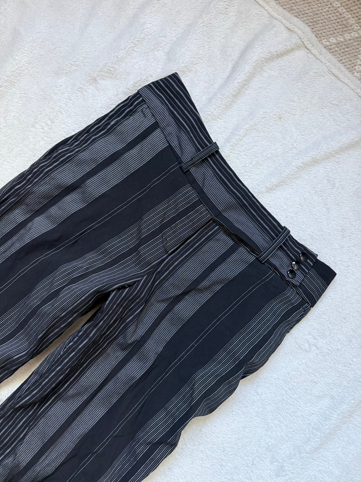 Black and gray pinstriped flare trousers, corporate goth office siren style - size M