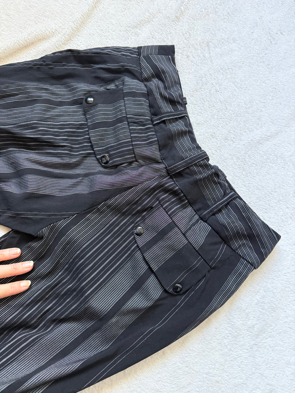 Black and gray pinstriped flare trousers, corporate goth office siren style - size M