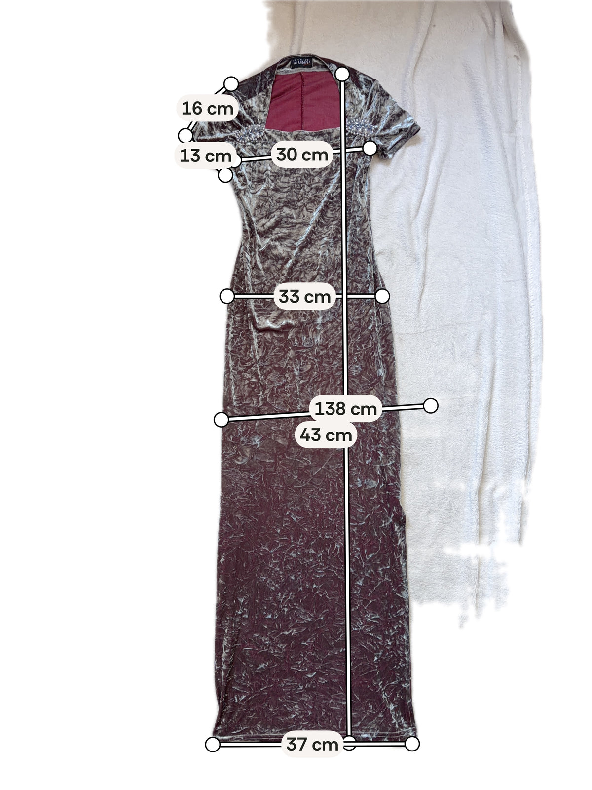 Robe longue velours argenté reflets bordeaux fendue – goth glam 90s Y2K – taille S