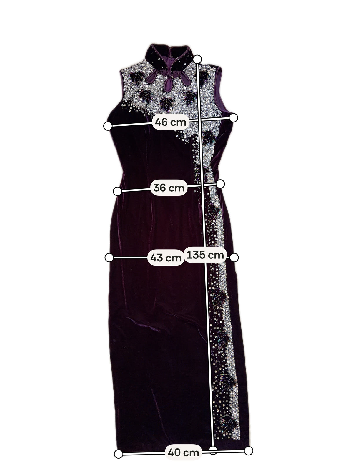 Robe longue velours violet sequins brodés col mao – taille M/L