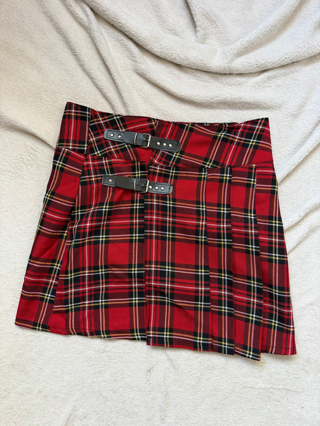 Minijupe tartan rouge plissée double boucle – punk goth school girl Y2K - S