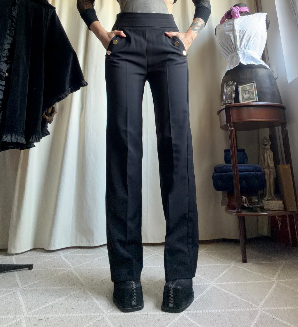 Pantalon noir taille haute à boutons dorés style office siren corporate goth - taille S