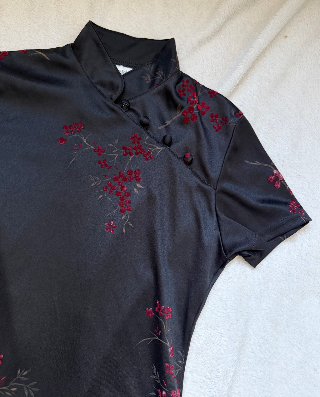 Long black qipao dress with red floral gothic 90s style – size S/M