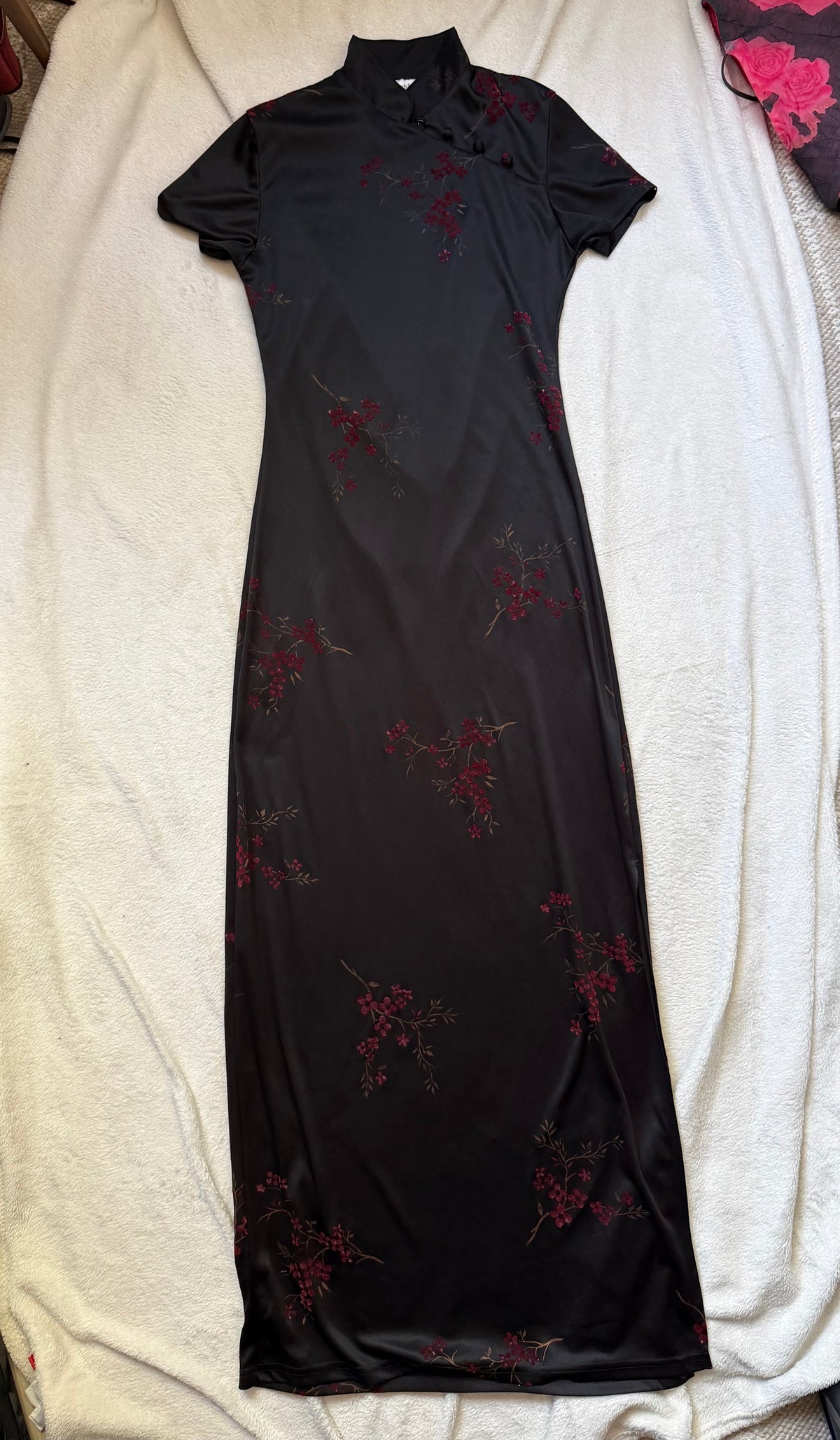 Long black qipao dress with red floral gothic 90s style – size S/M